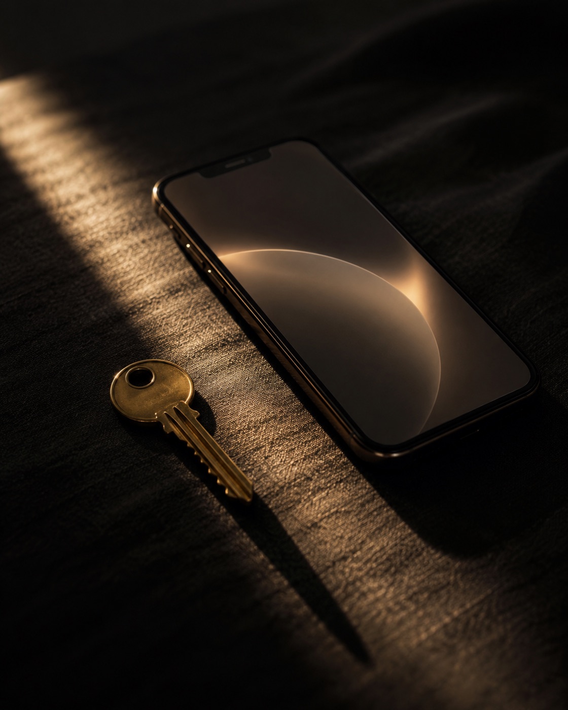 Smartphone and brass house key in golden light — the AI operations platform behind Atlis Property Management