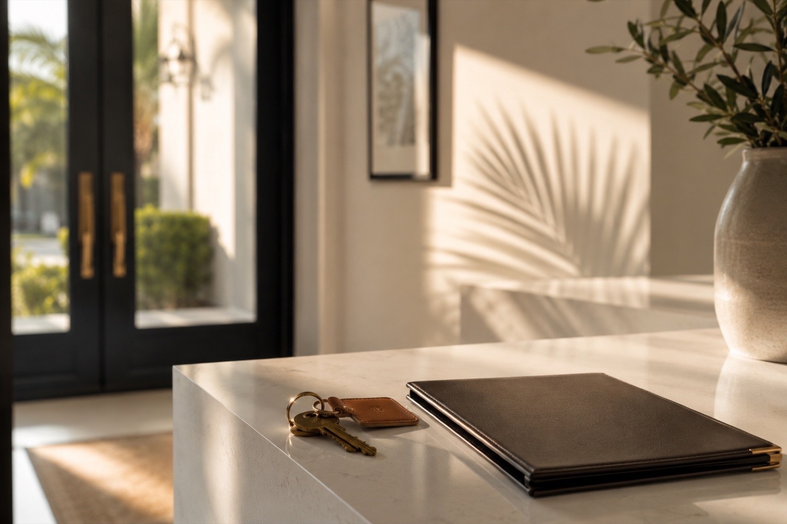 House keys and leather portfolio in the entryway of a Palm Beach County home managed by Atlis Property Management