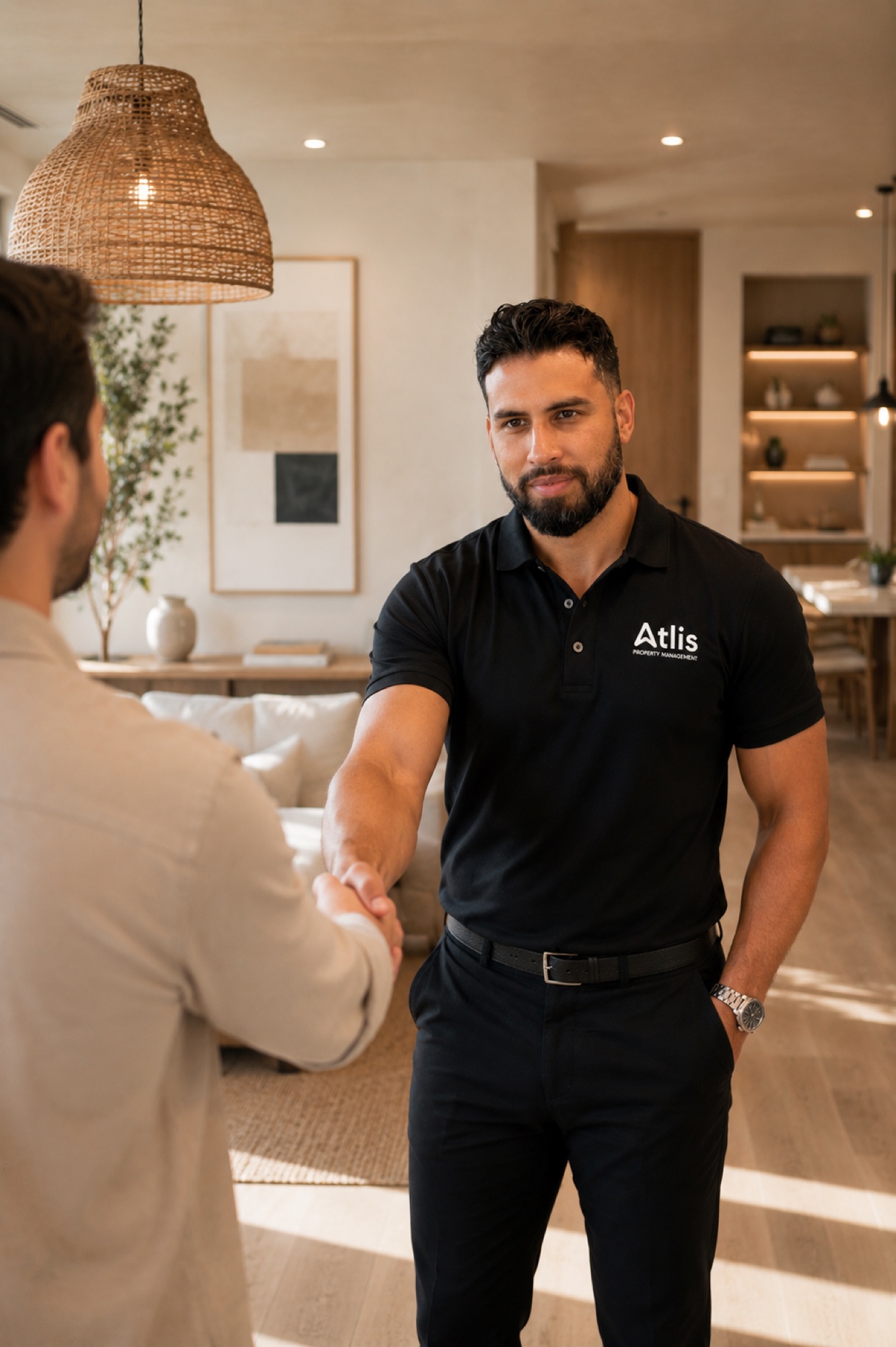 Jean C. Taveras welcoming a client — Atlis Property Management, Palm Beach County